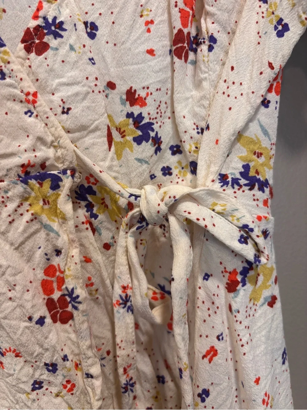 Anthropologie White Floral Wrap Top with Mustard Puff Sleeves